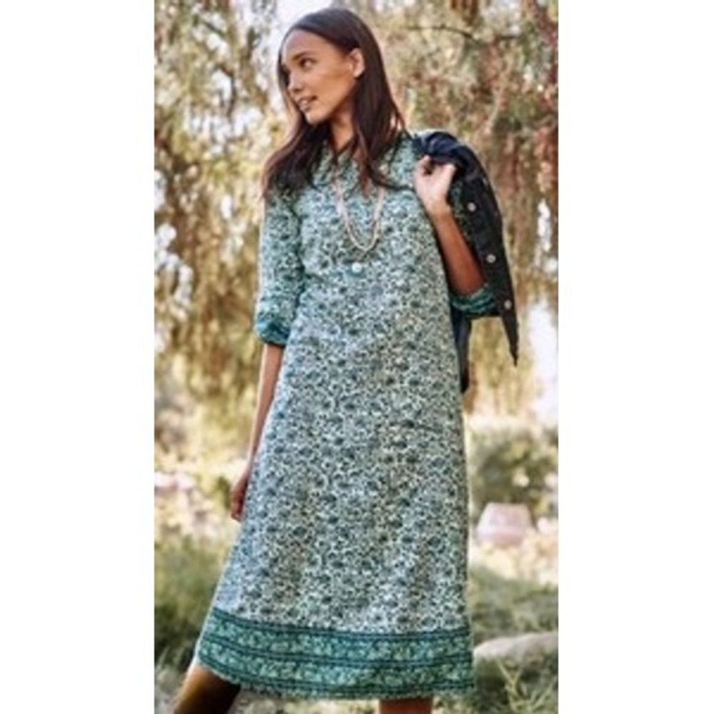 J. Jill 100% Cotton Dress Blue Floral Block Print Pocket Shift M Office Modest